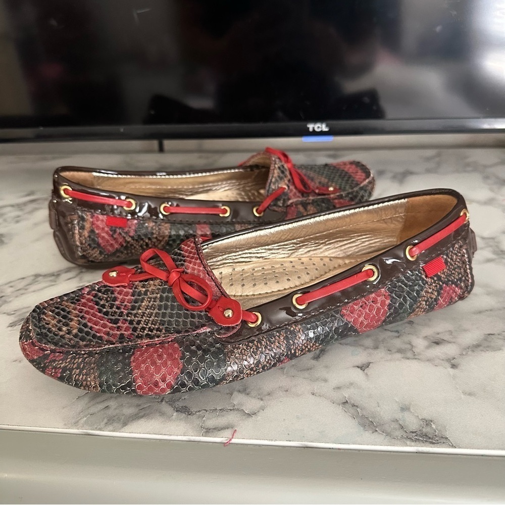 Marc Joseph New York Cypress Hill Exotic Leather Driving Loafers Sz 7 Red Brw - Picture 2 of 11